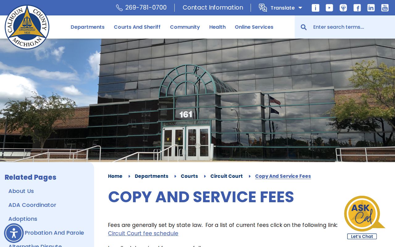 Calhoun County court record certification and copy fee schedule