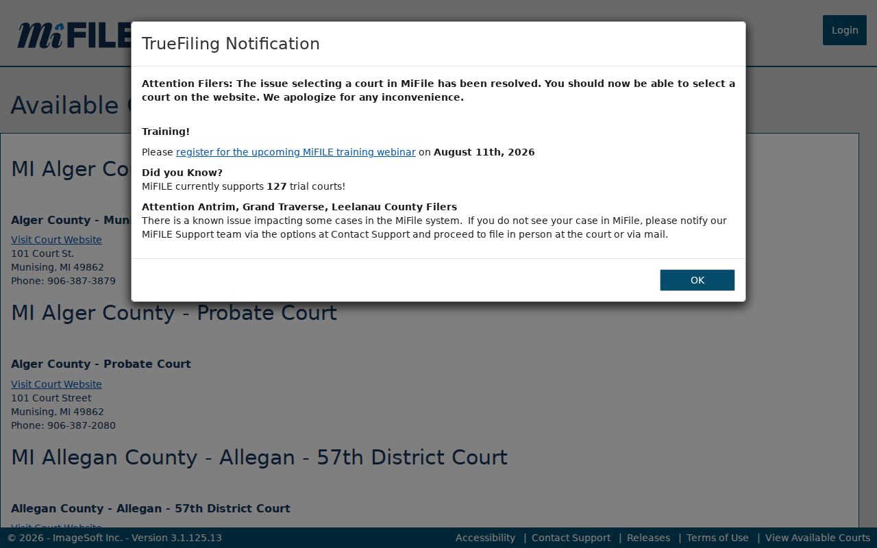 Calhoun County civil docket MiFile court availability list