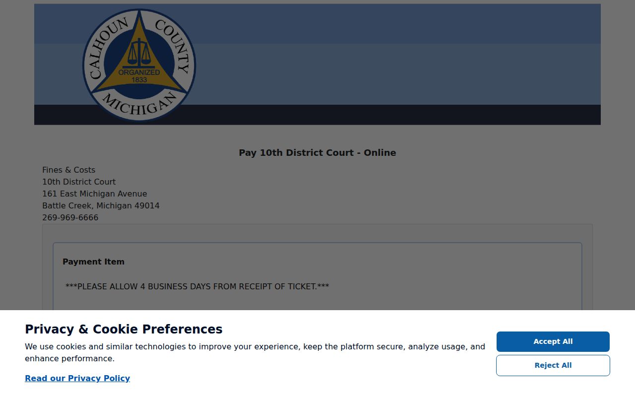 Calhoun County traffic ticket payment portal for 10th District Court